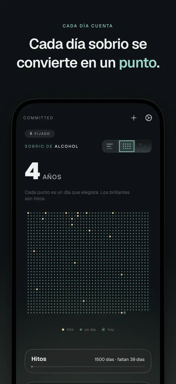 Vista Matrix de Committed: un punto por cada día de sobriedad y el próximo hito debajo