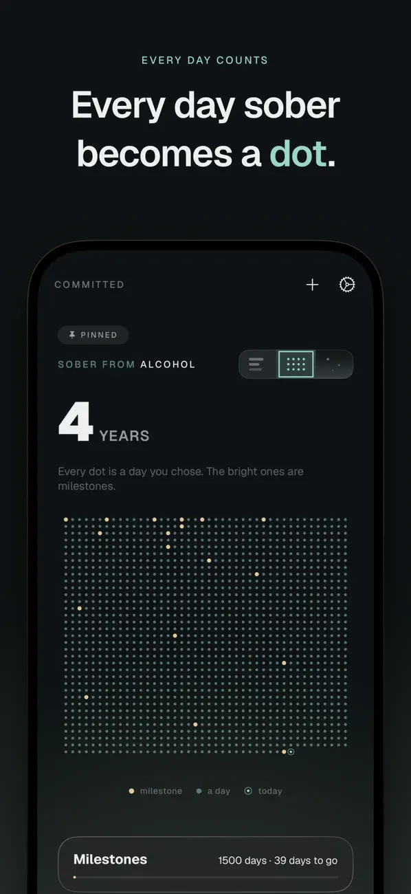 Committed’s Matrix view, with each sober day represented by a dot and the next milestone beneath it
