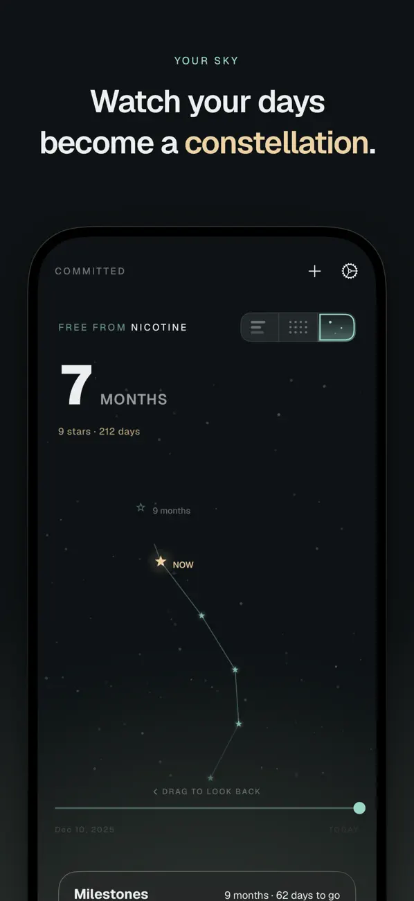 A nicotine-free commitment displayed as a constellation in Committed’s Sky view