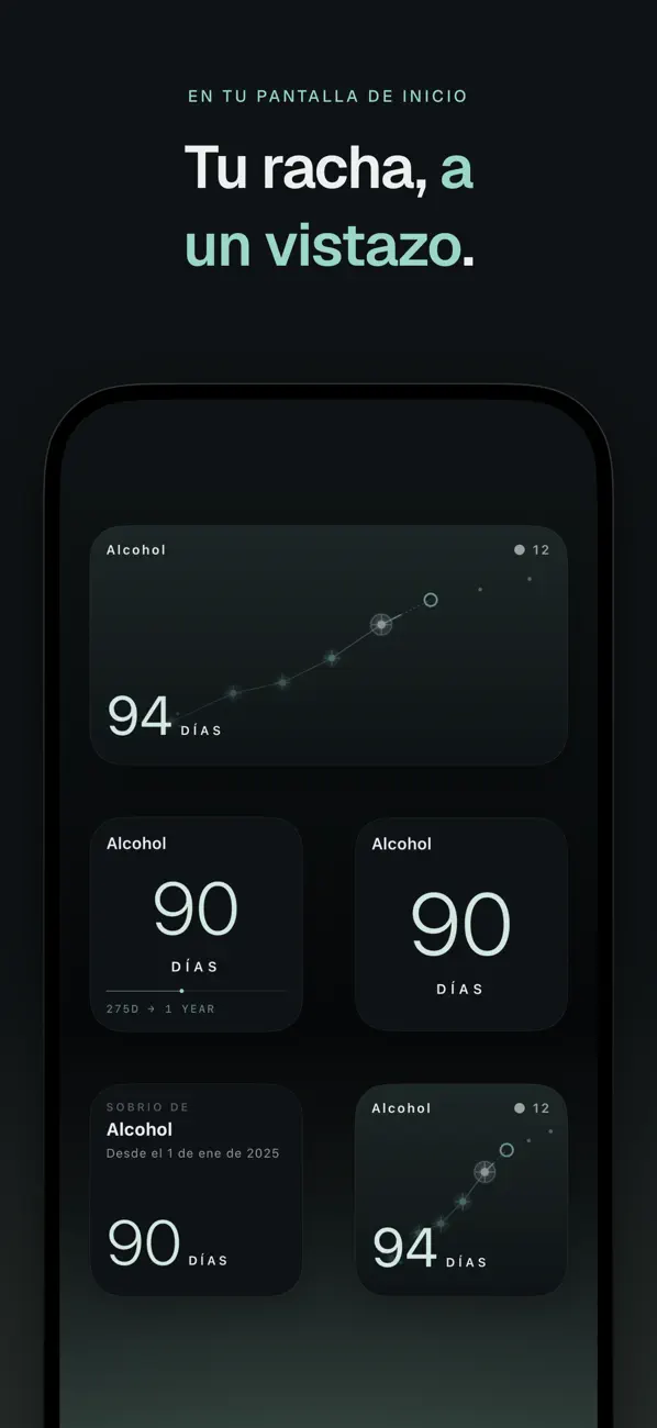 Widgets de Committed con cuentas de días y una constelación en la pantalla de inicio del iPhone