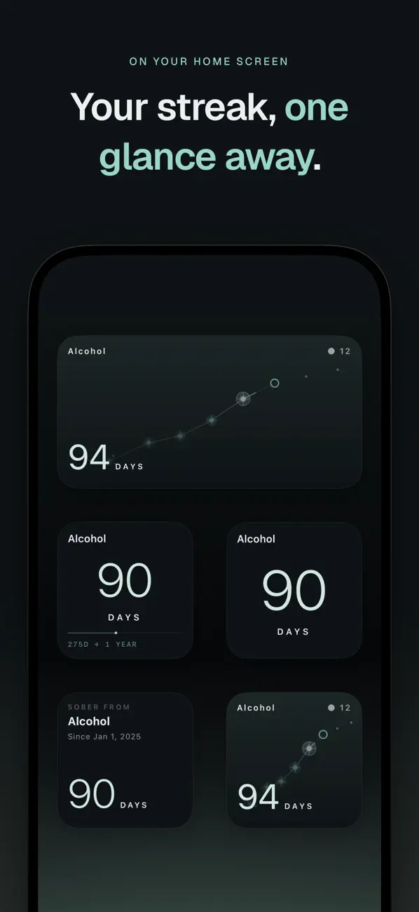 Committed sobriety widgets showing day counts and a constellation on an iPhone Home Screen